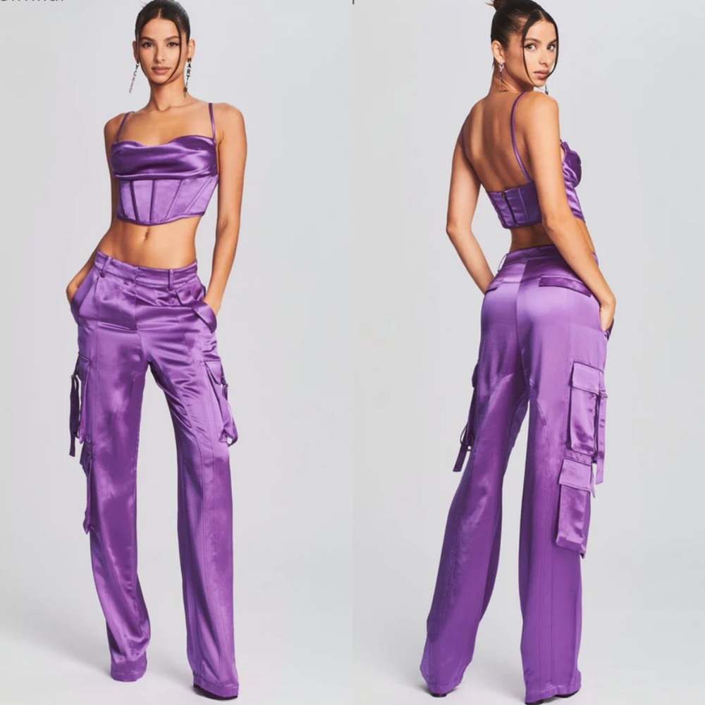 Retrofete Purple Satin Wide-Leg Cargo Pants